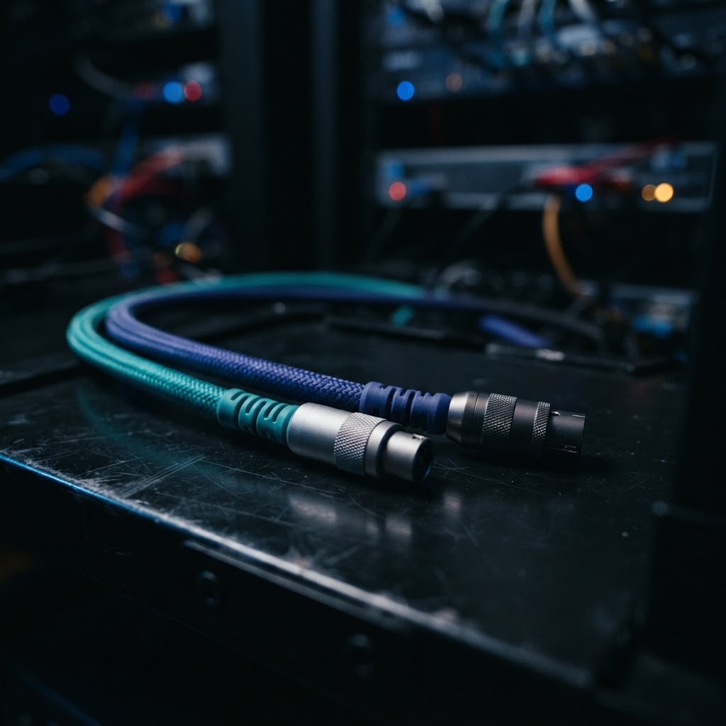 Two industrial cables with different colored sheaths on a dark workbench