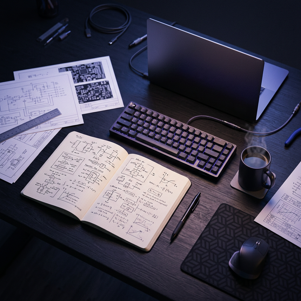 Engineering workspace flat-lay with notebook keyboard and laptop
