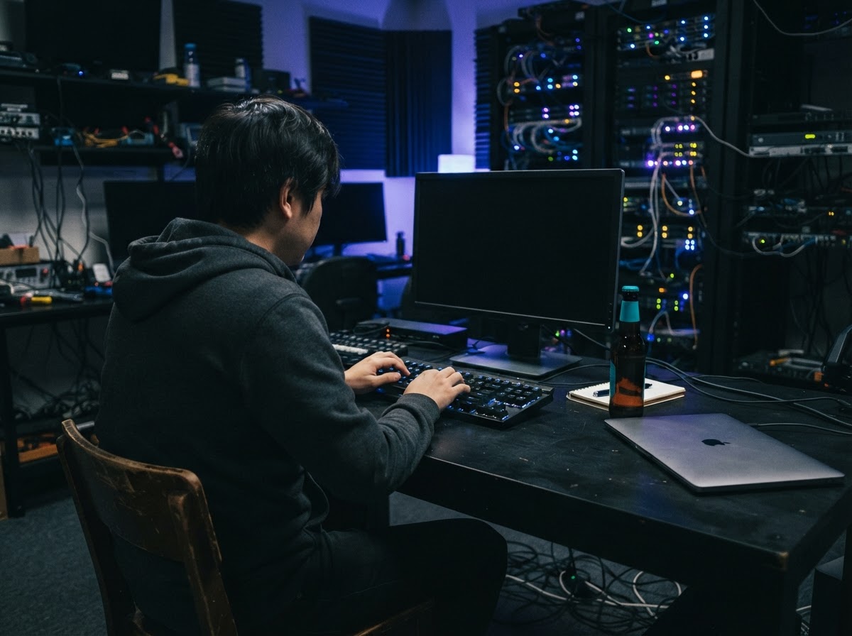 Developer working at a dimly lit professional desk