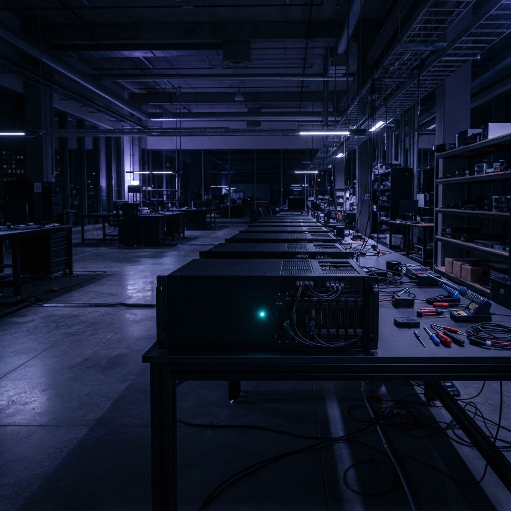 Row of server blade enclosures in a dark workshop