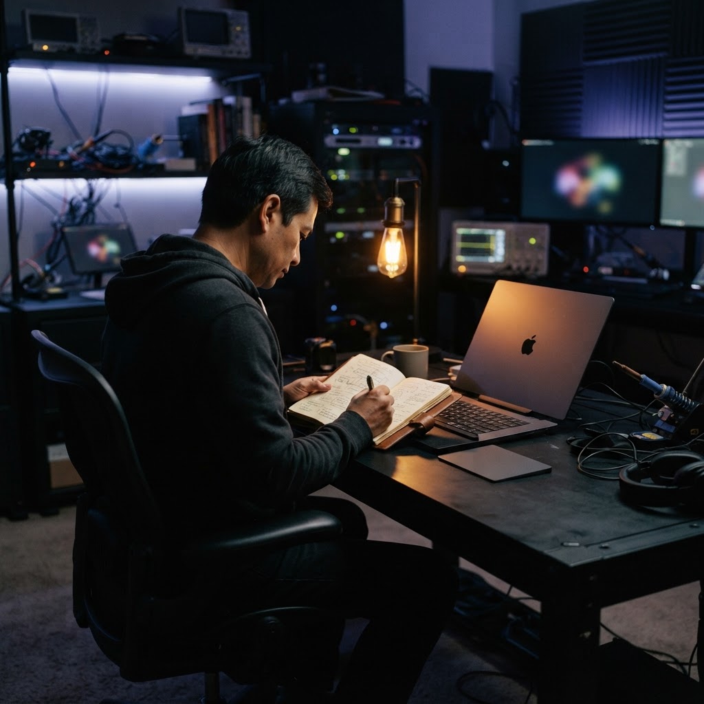 Developer holding a journal at a dark studio desk