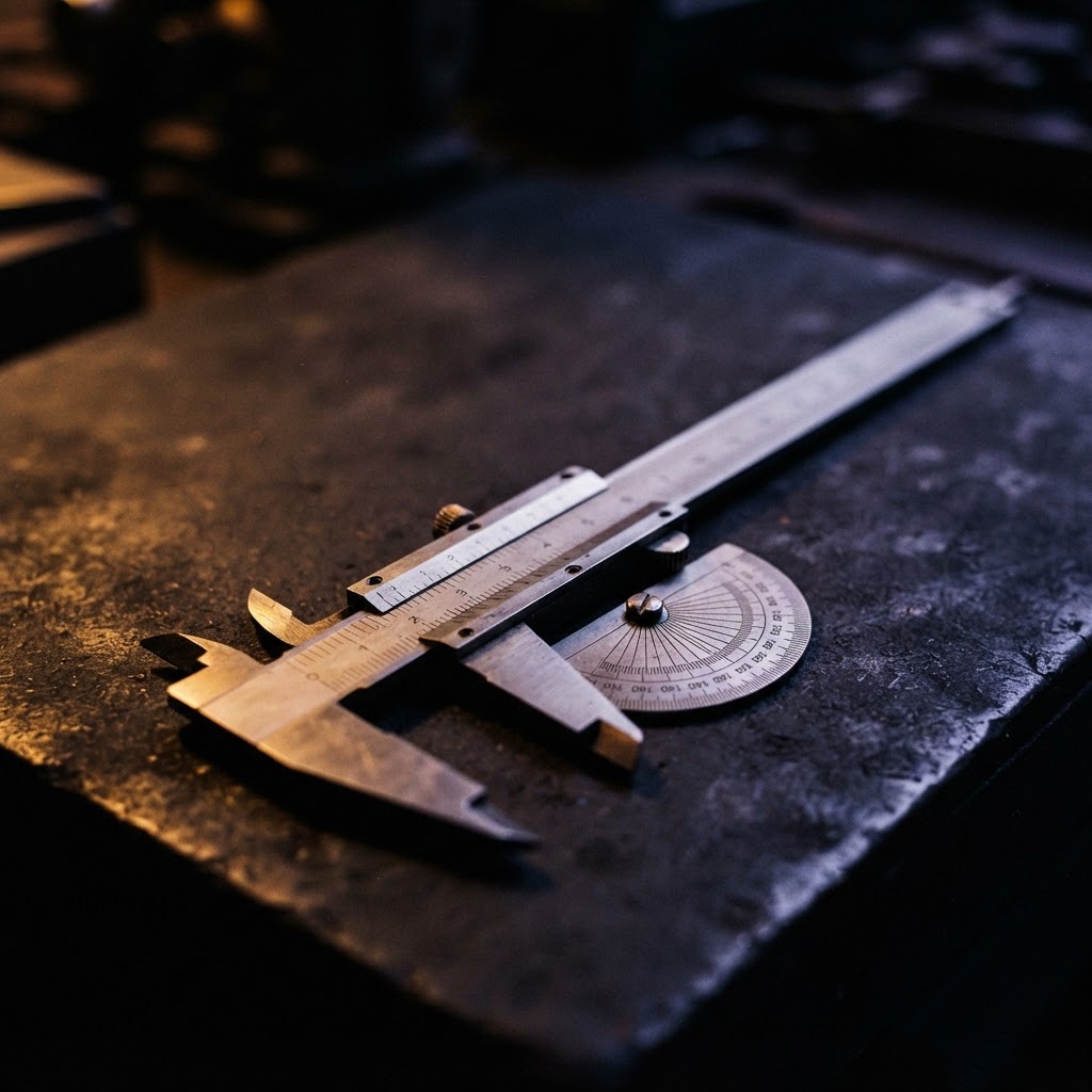 Engineering measurement tools on a matte desk surface