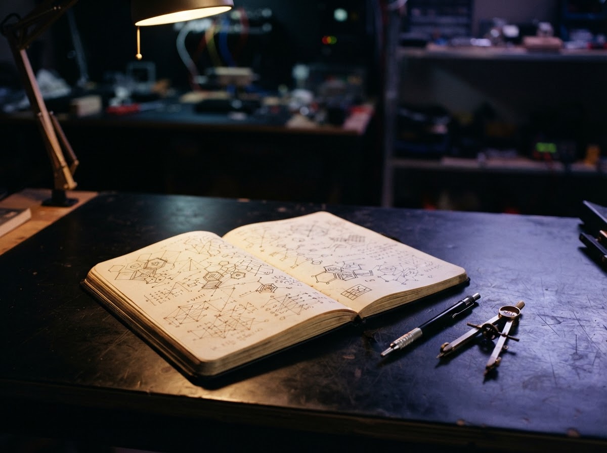 Open technical notebook with node sketches on industrial desk
