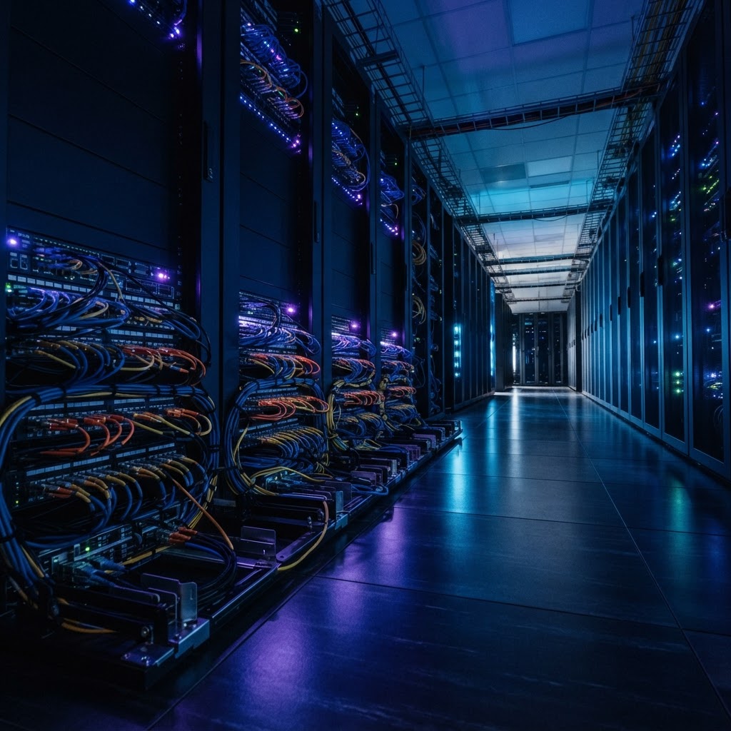 Server rack base with blue and purple LED lighting