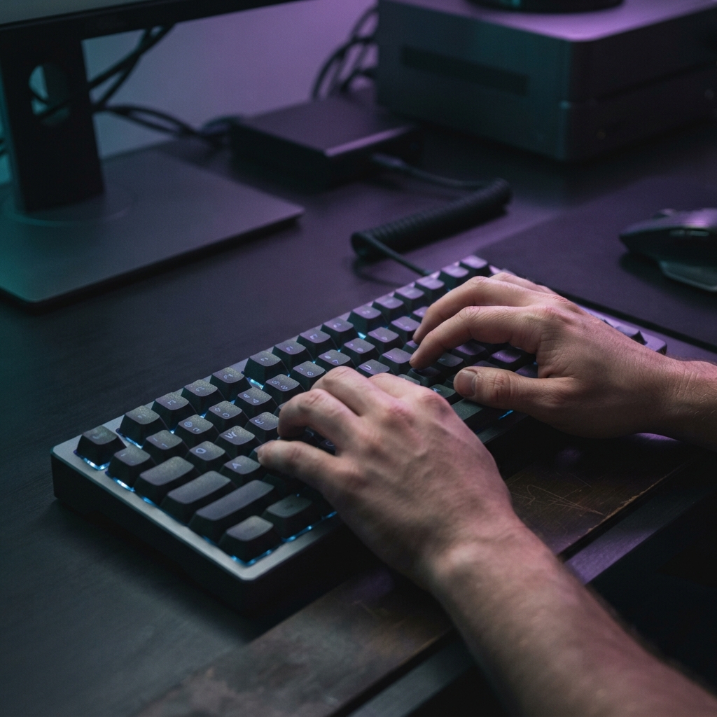Focused developer hands typing on a mechanical keyboard at night