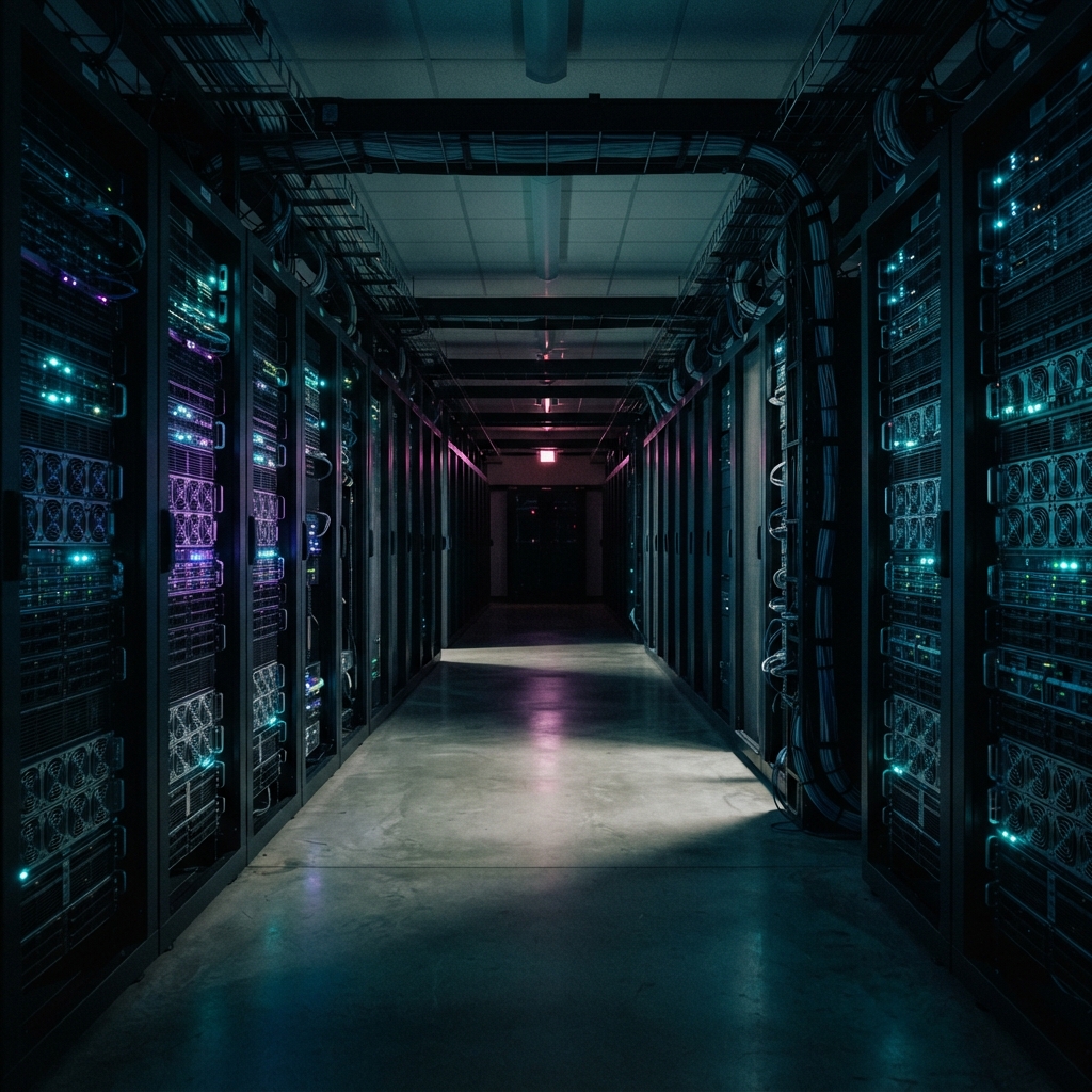 Rows of enterprise server racks in a dark moody room