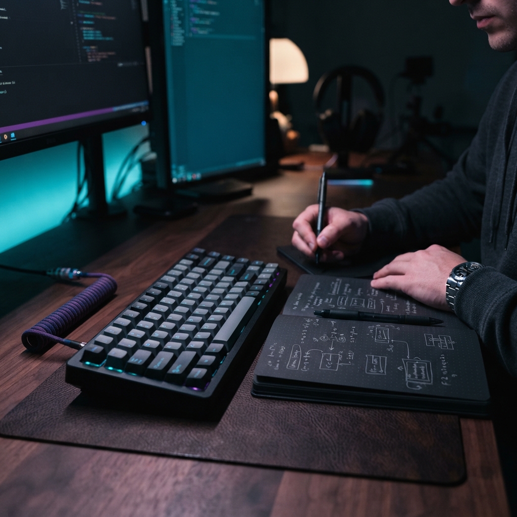 Developer working at a dimly lit desk with hardware