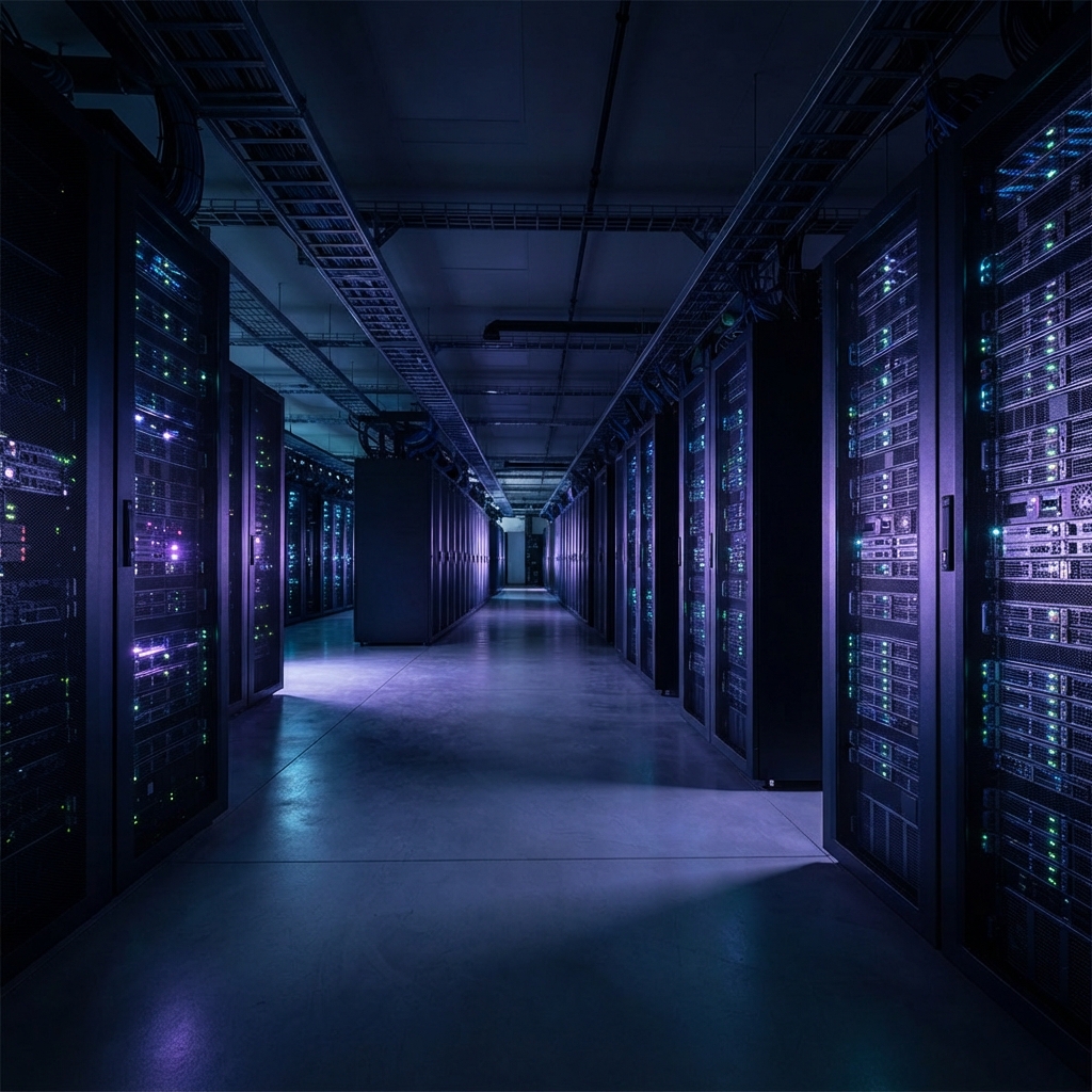 Modern server racks in a dark data center
