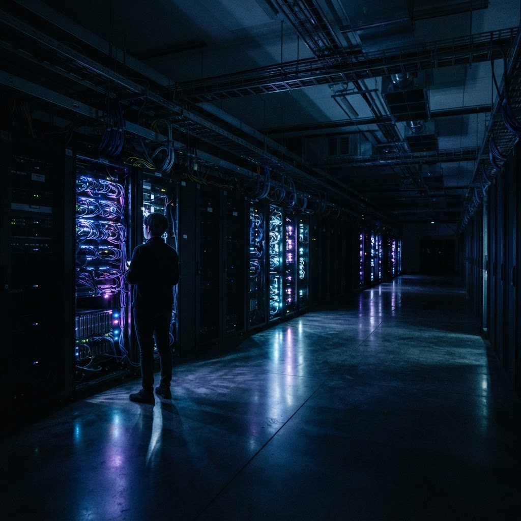 Dark, high-tech server room with glowing blue and purple light