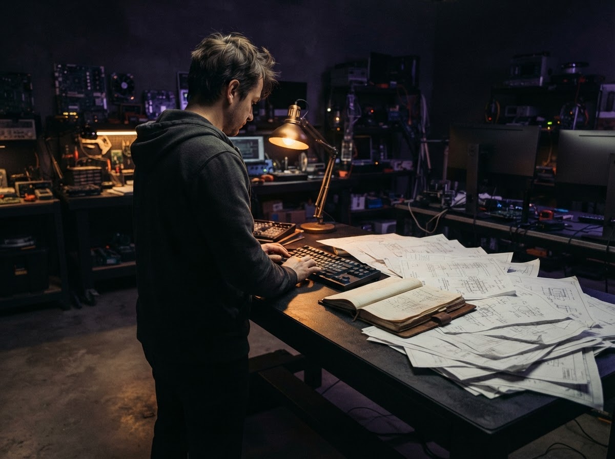 Developer at a dark desk with overflowing blueprints representing scope creep