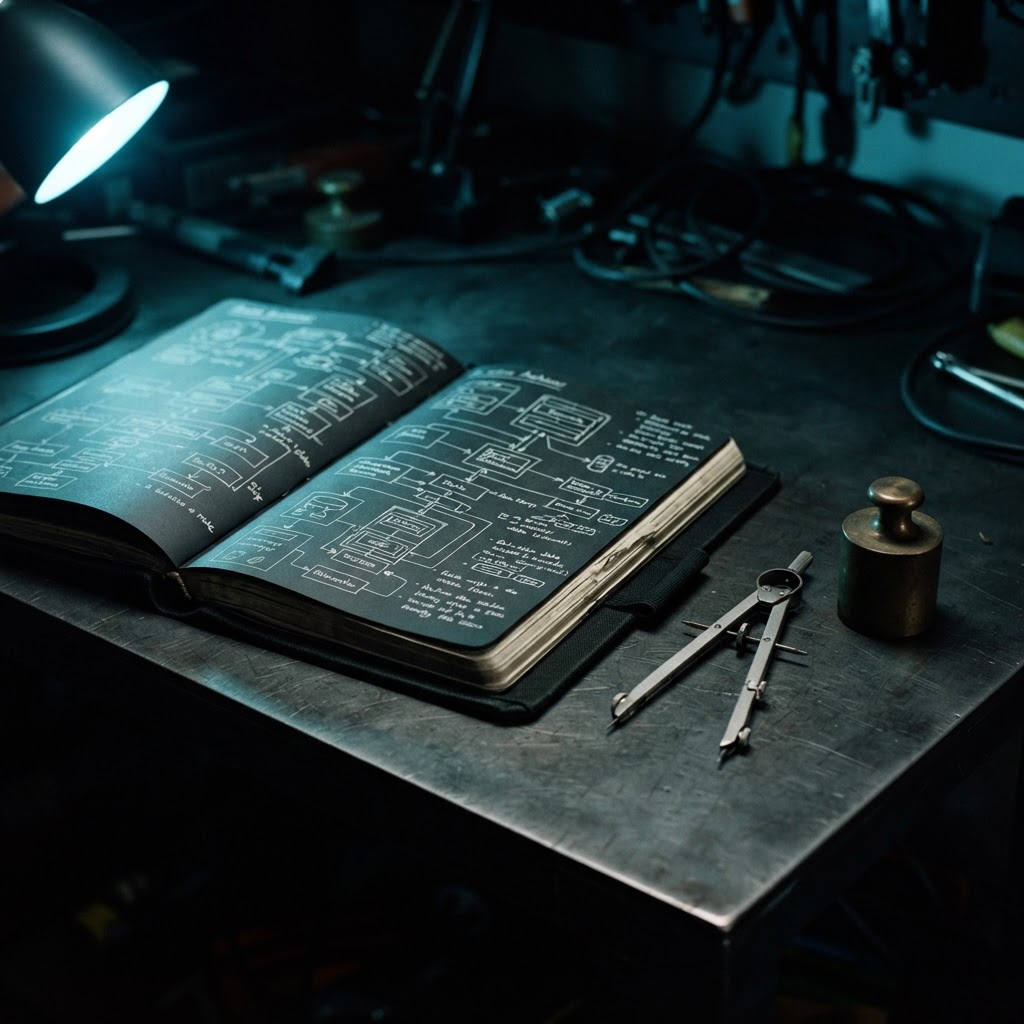 Engineering notebook with system diagrams on a dark workbench