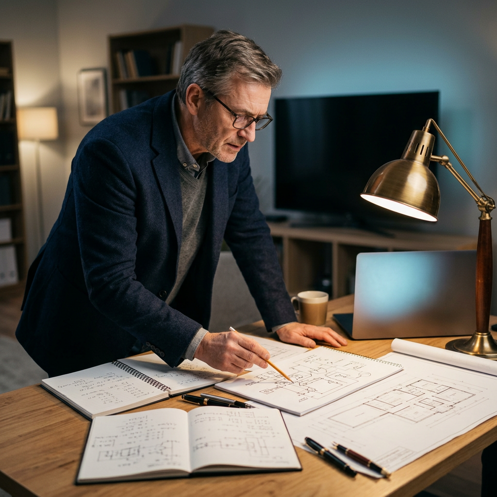 Engineer reviewing architecture decisions at desk