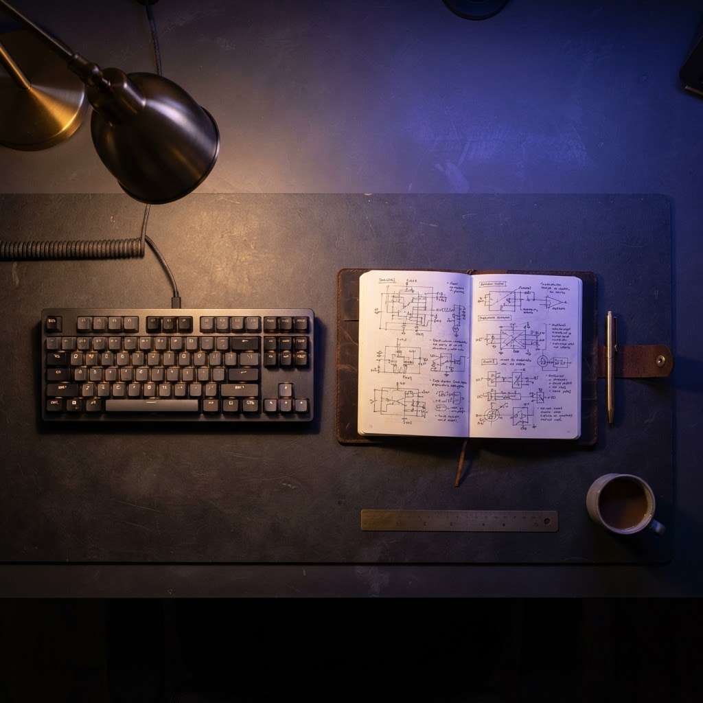 Clean engineering desk setup with technical notebook and desk lamp