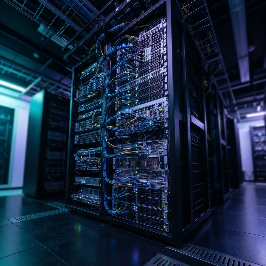 Professional data center server rack with moody lighting