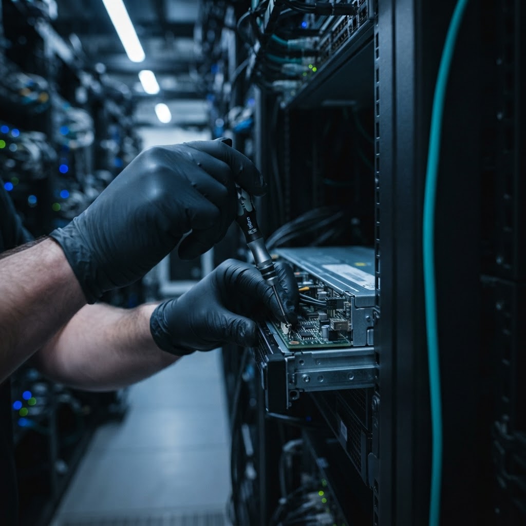 Close up of engineer adjusting server hardware
