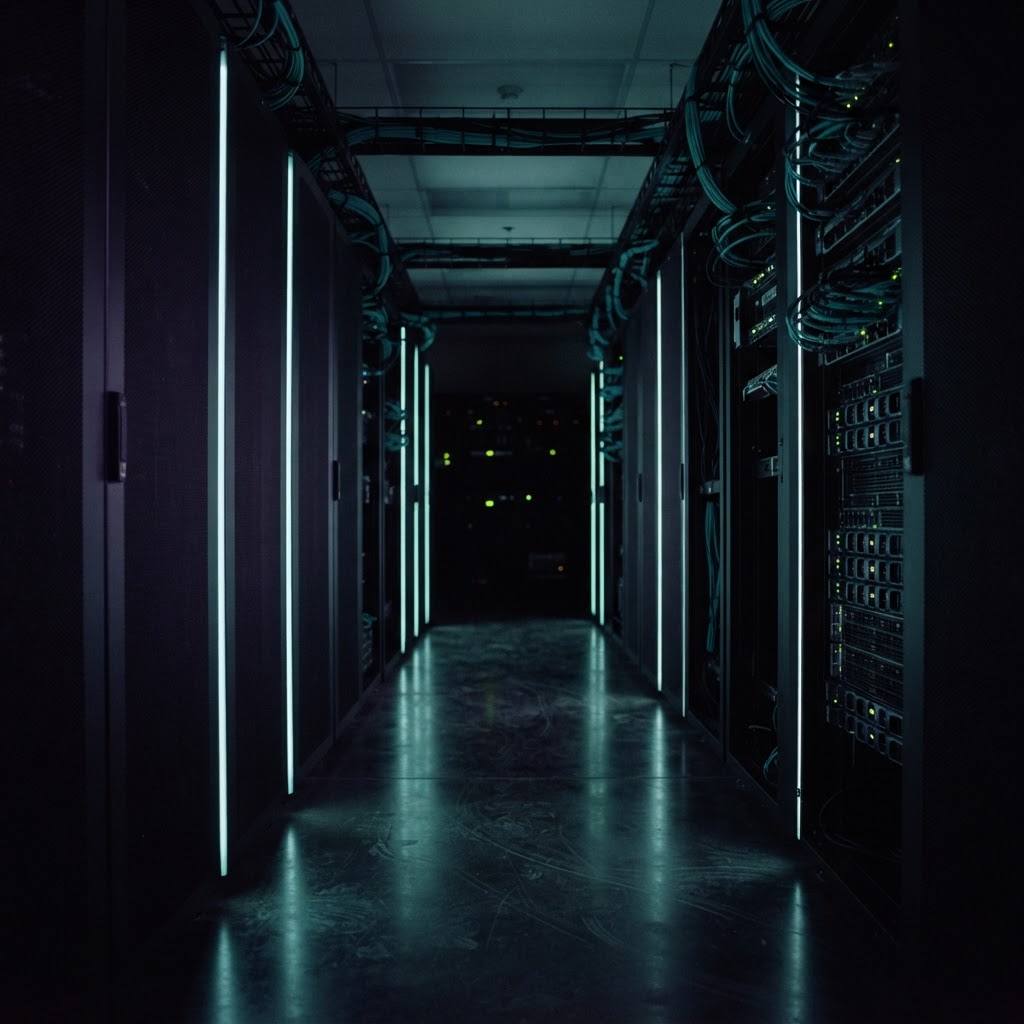 Dark server room corridor with teal light accents