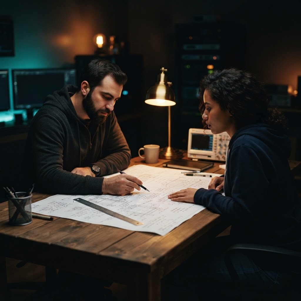 Developers reviewing technical blueprints at a dark desk