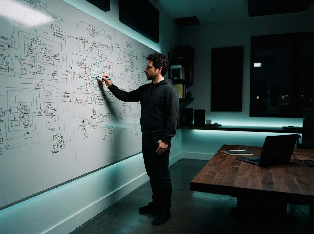 Engineer planning system architecture on a whiteboard