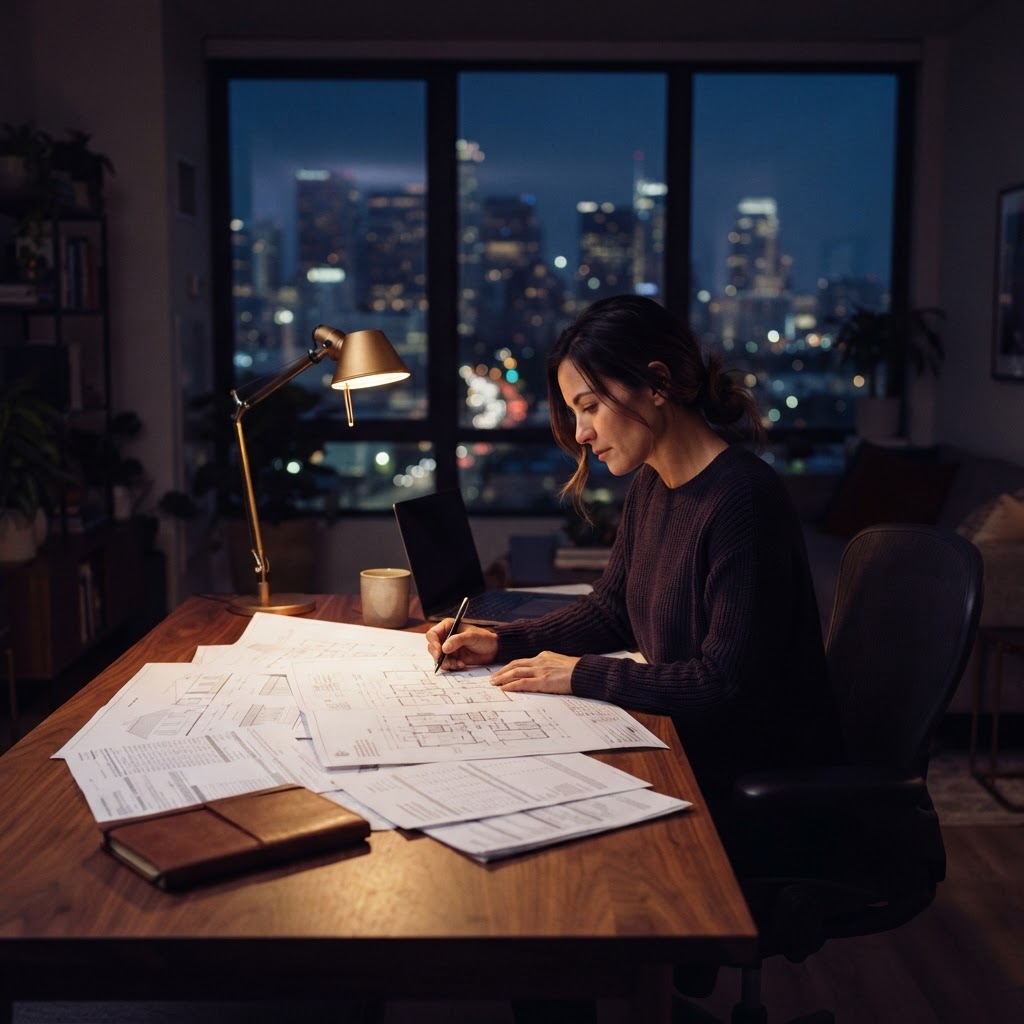 A developer analyzing home buying plans in a dim study