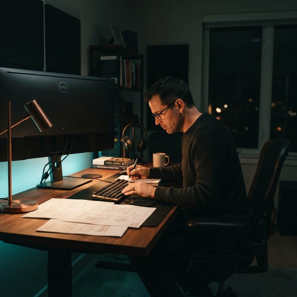 A developer reviewing system architecture at night
