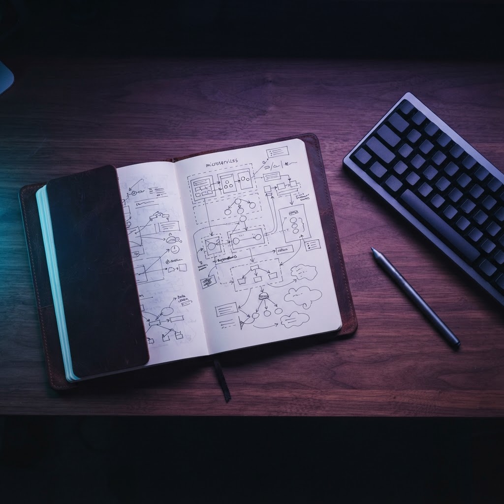 Handwritten system design notes on a desk