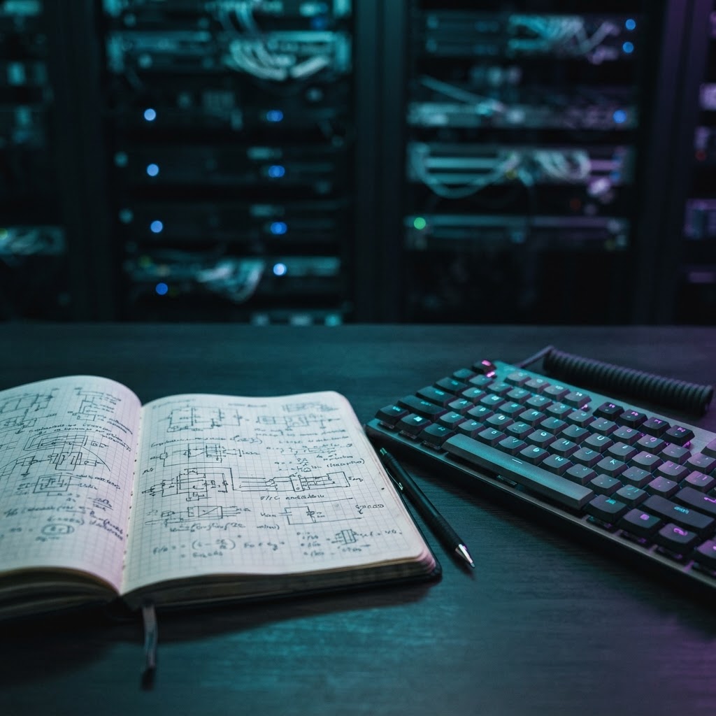 Engineering notebook and mechanical keyboard in a dark workspace