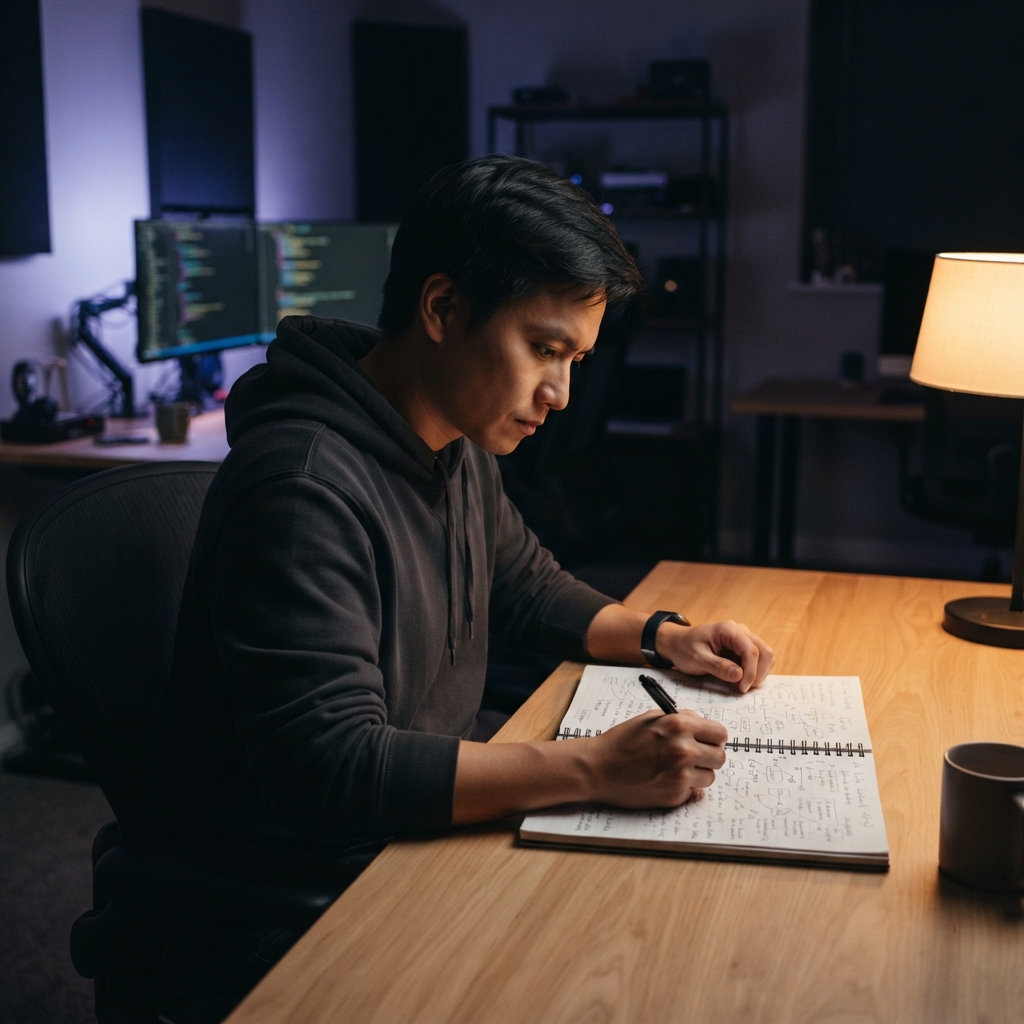 Software engineer studying at a desk in a moody workspace