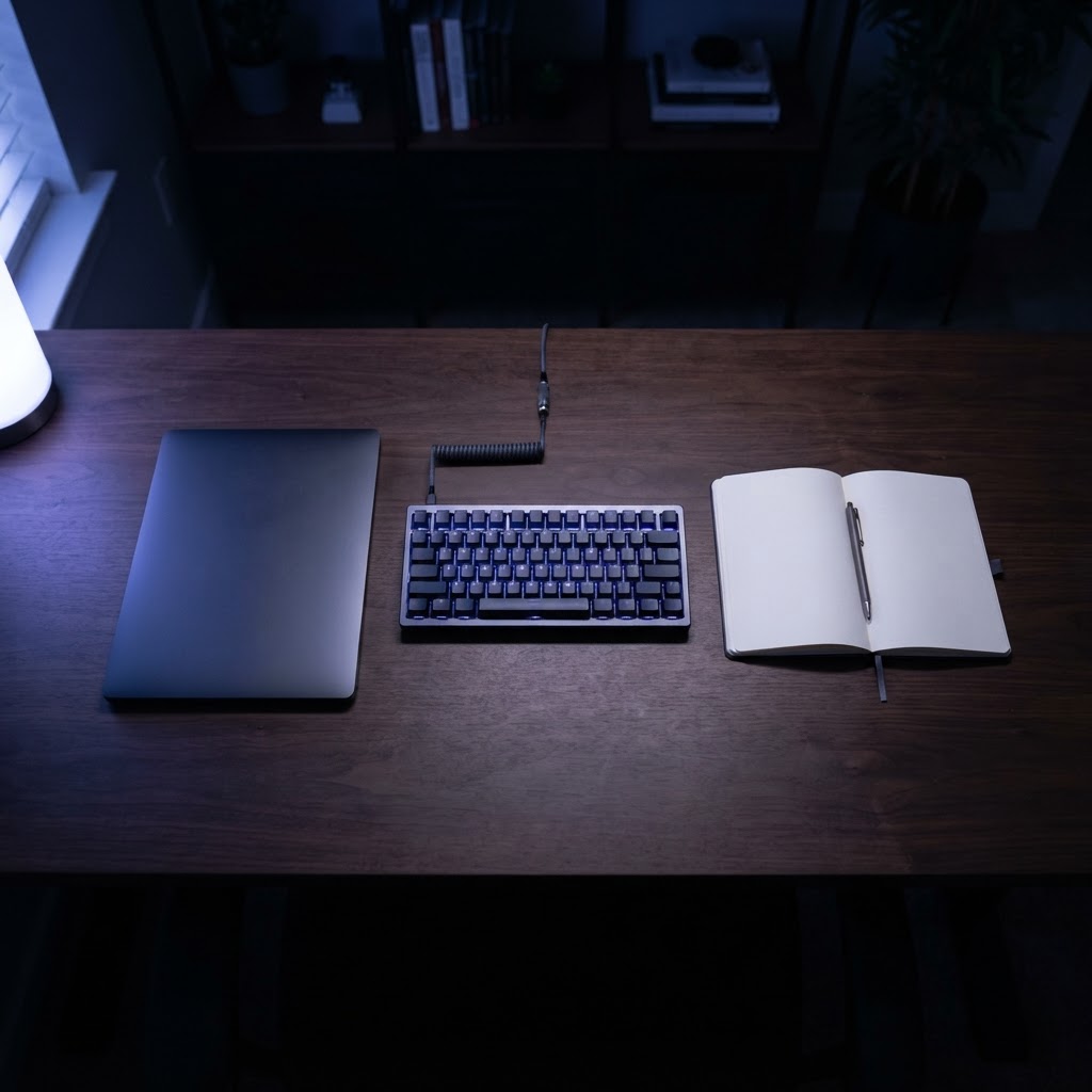 Minimalist developer workstation with notebook and keyboard