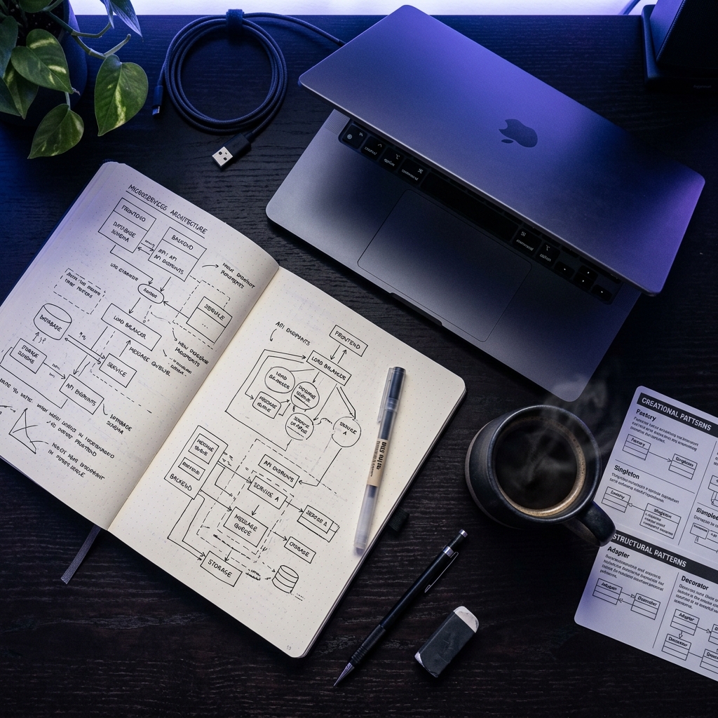 Engineer workspace with architecture notes and laptop