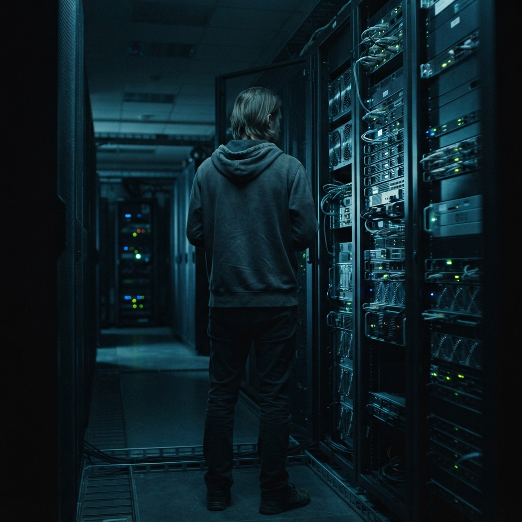Developer standing in a dimly lit server room