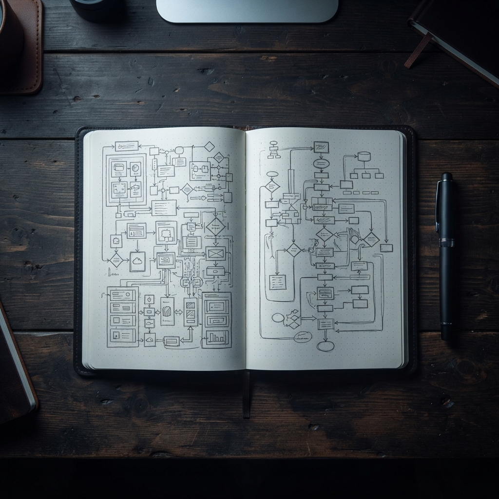 Open notebook with technical diagrams on a dark desk