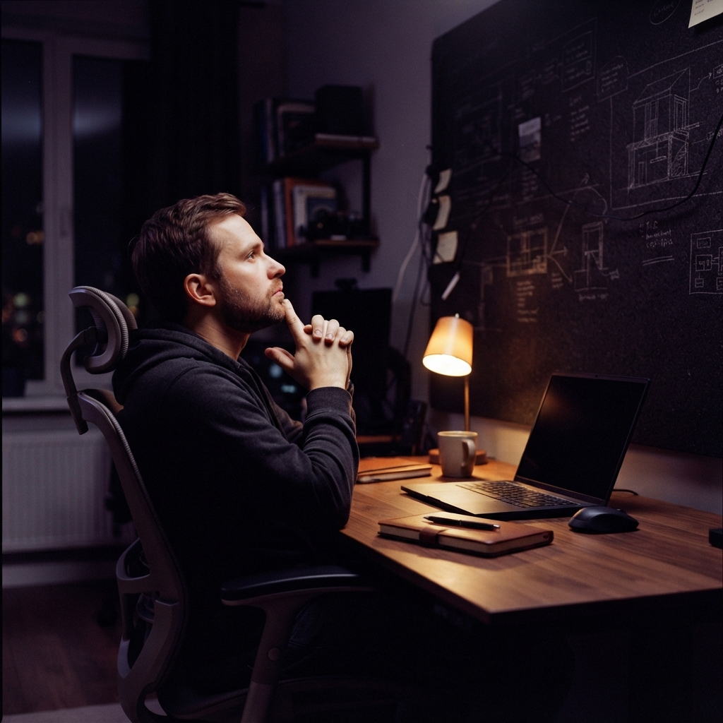 Software engineer thinking deeply at a desk