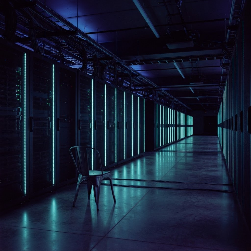 Dark and moody server room with teal LED accents
