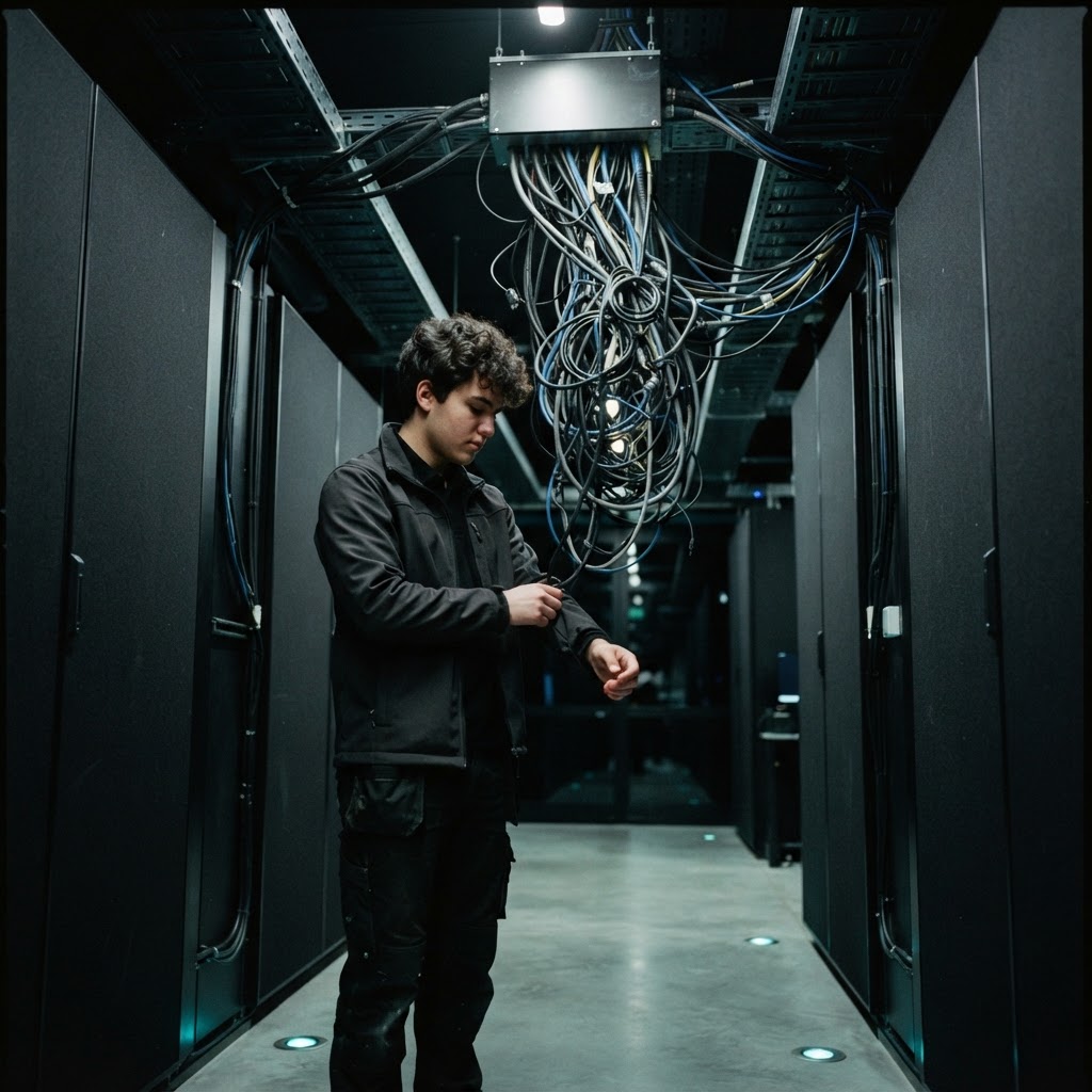 Developer observing tangled cables in a dim corridor