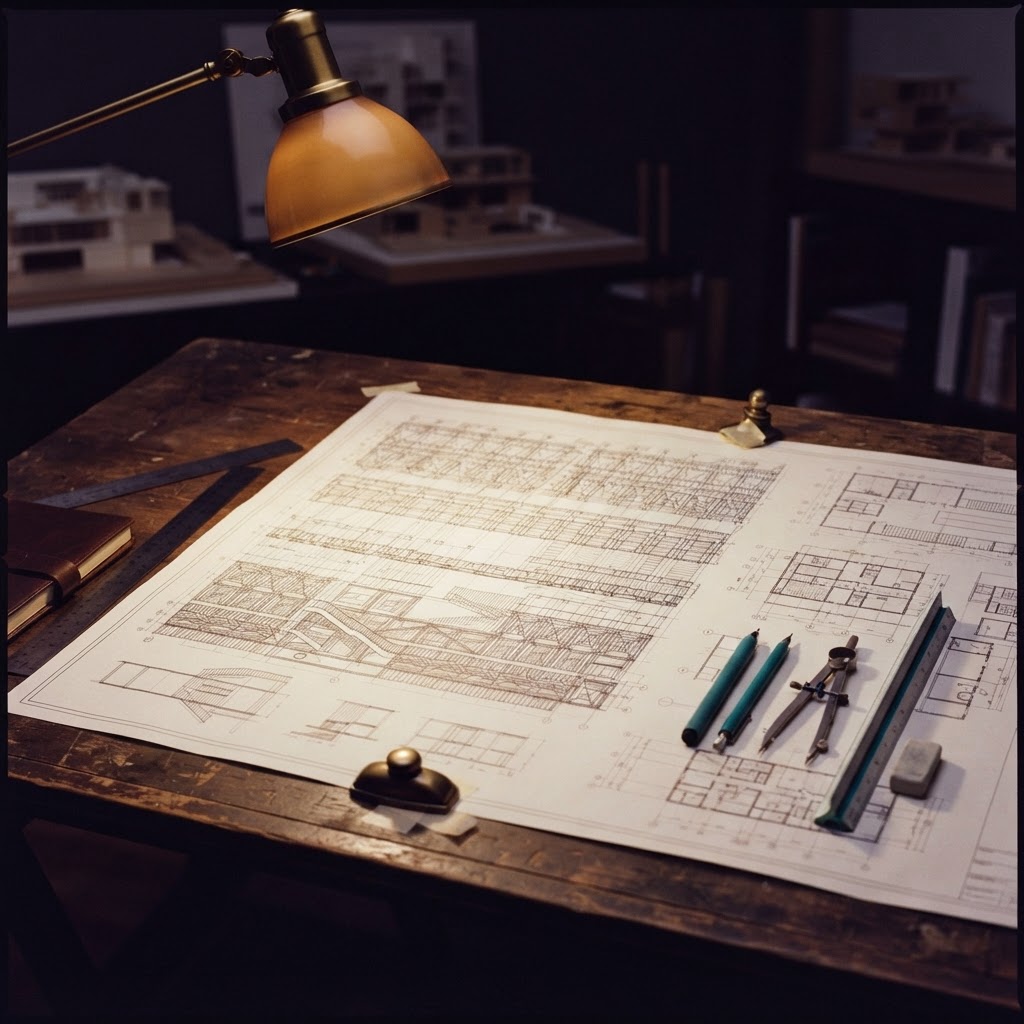 Drafting tools and blueprints on a dark wooden table