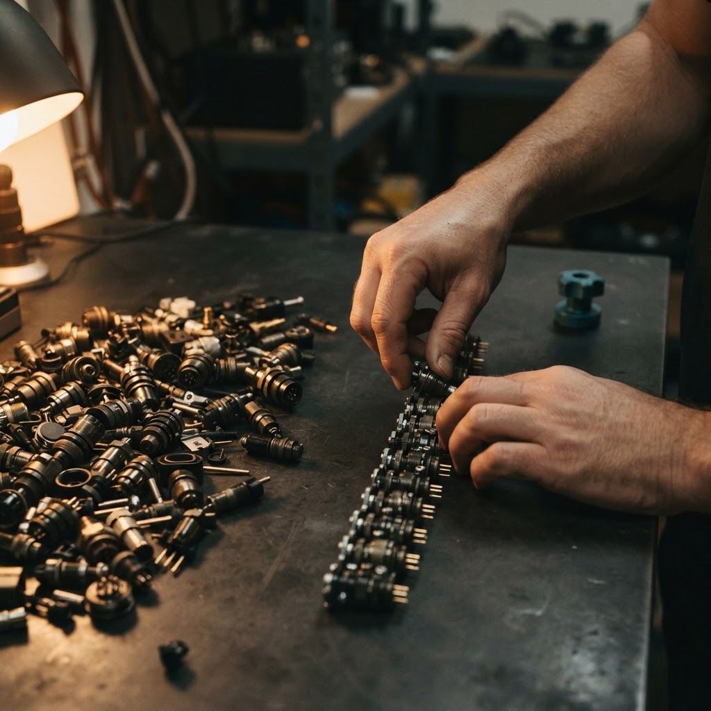 Hands organizing metal cable connectors on a dark desk
