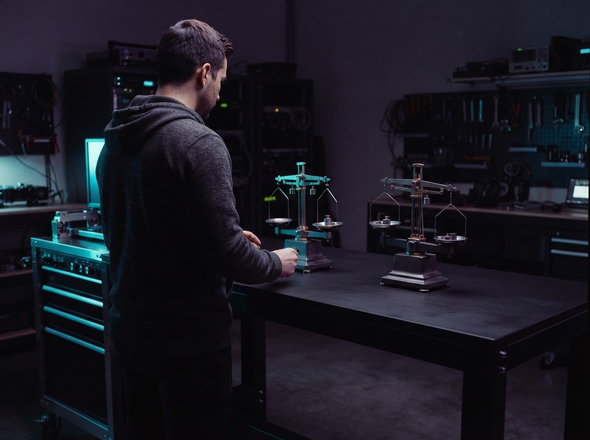 Developer at a desk with two metal scales representing different career paths