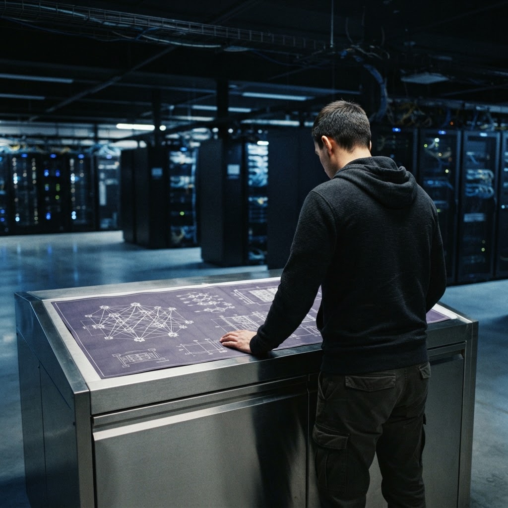 Developer reviewing system architecture blueprints in a server room