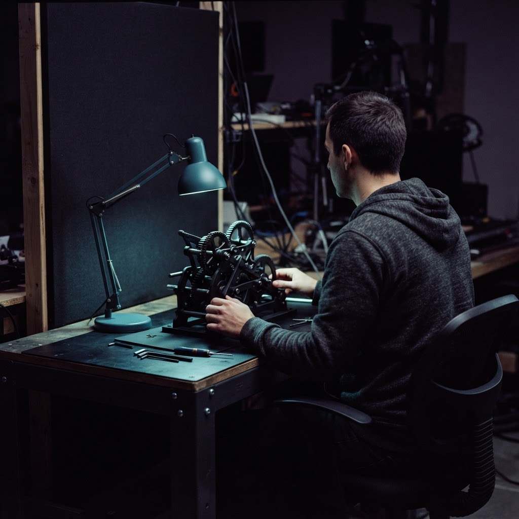 Developer sitting at a desk with a gear mechanism representing role evolution