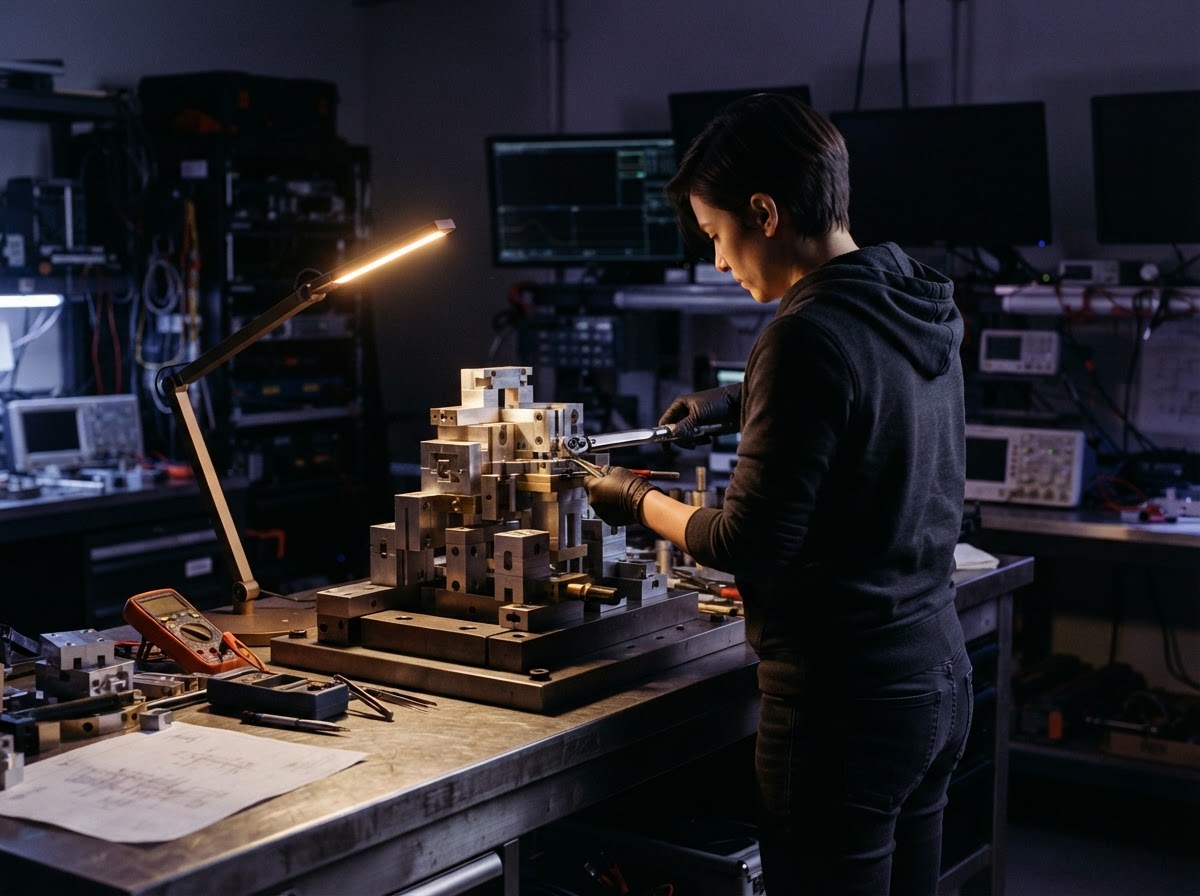 Developer inspecting a precision metal structure at a workbench