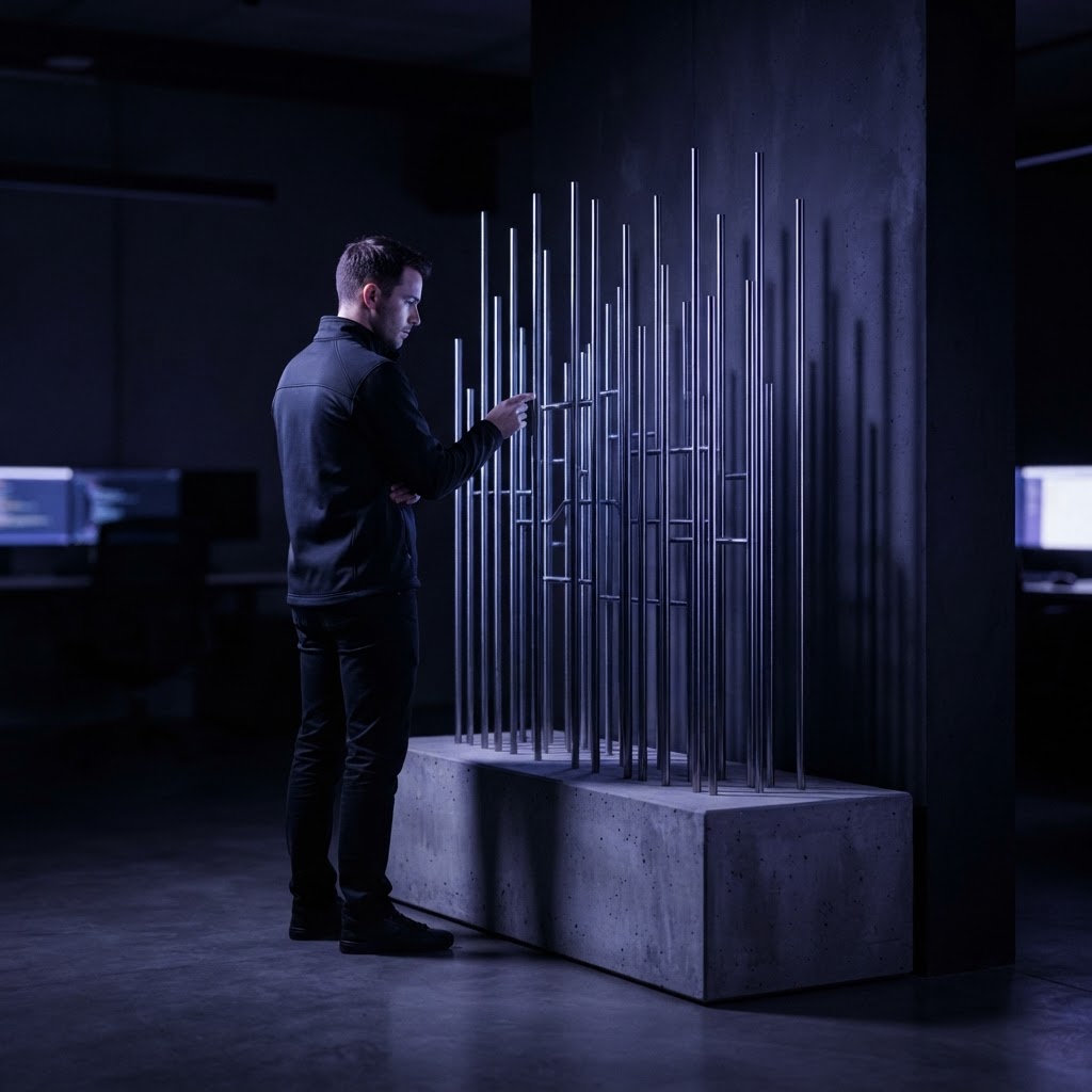 Developer reviewing vertical steel rods representing system structure