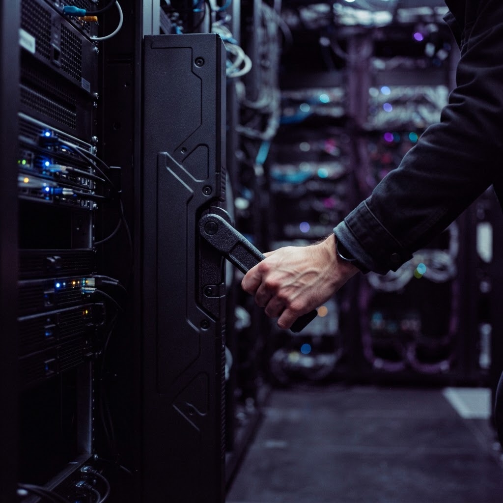 Hand adjusting a mechanical lever on a server equipment rack