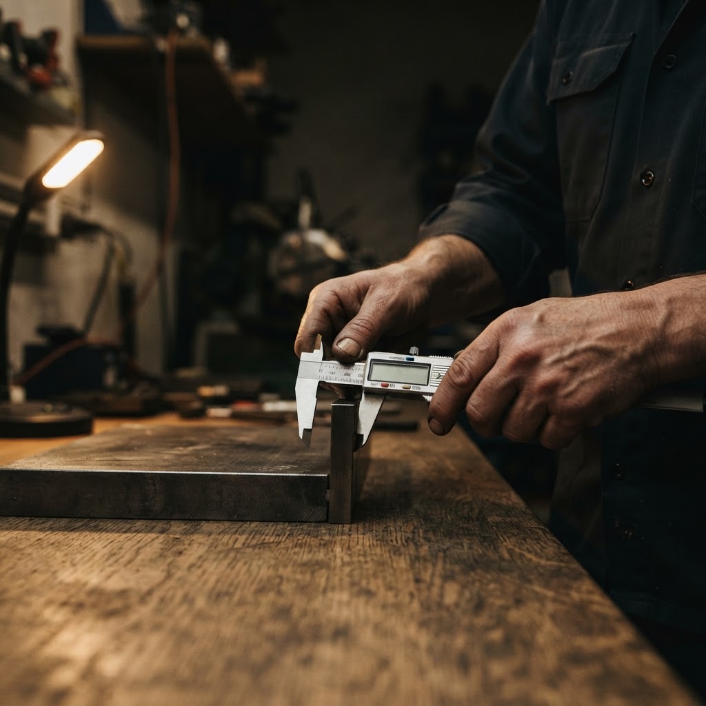 Hands using calipers to measure a metal plate