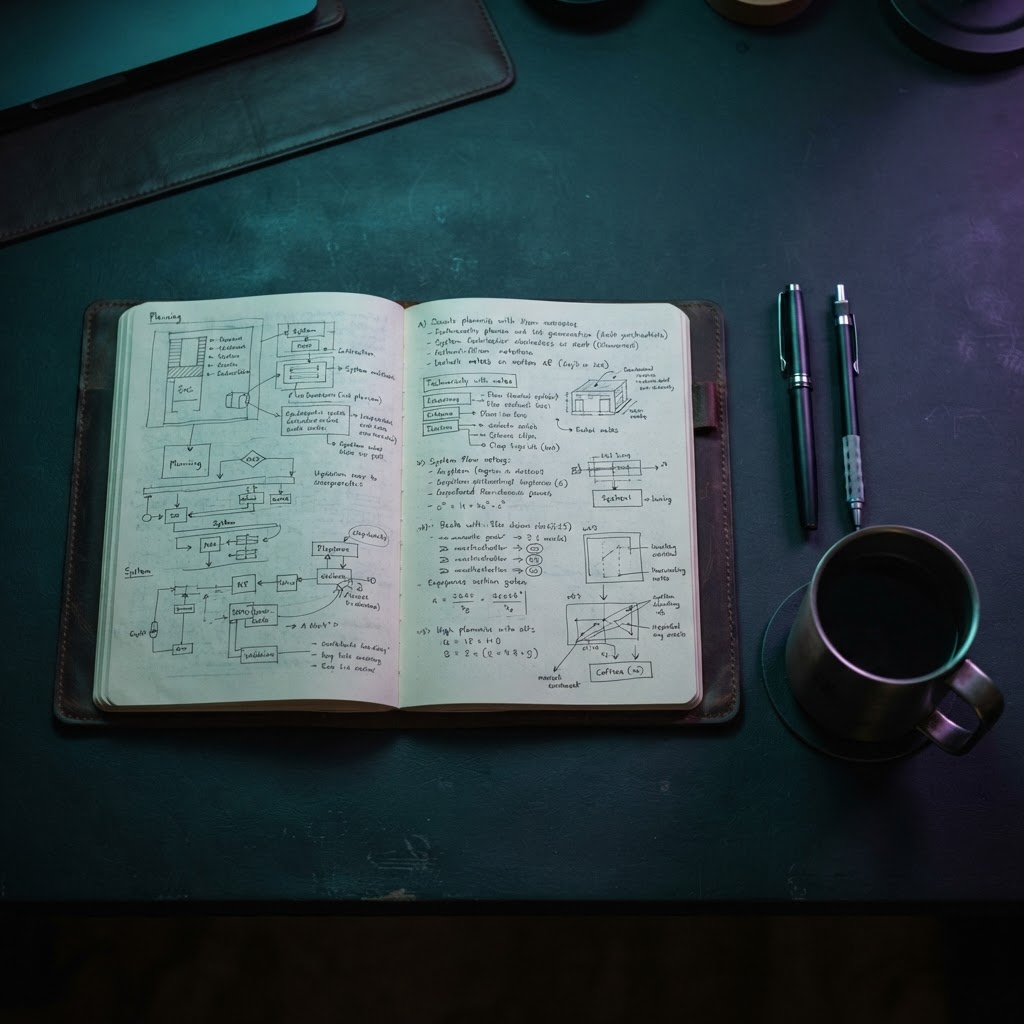 Close up of an engineering notebook and professional tools