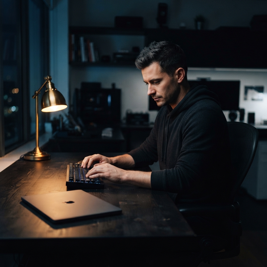 Developer focused at a minimalist desk in moody lighting