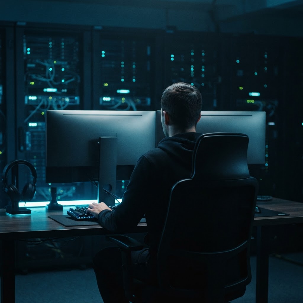 Developer working at a desk in a dark room