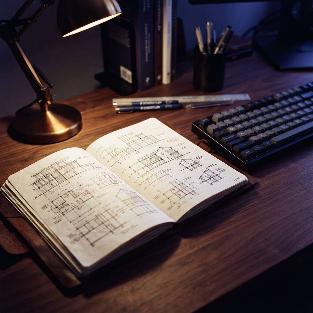 Open notebook with technical sketches on a desk
