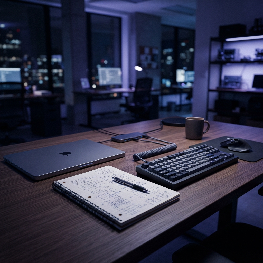 Clean engineering workspace with notebook and laptop
