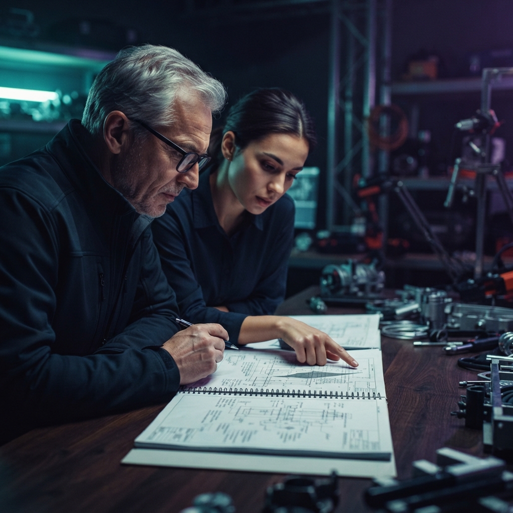 Two engineers reviewing technical documentation in a dark office