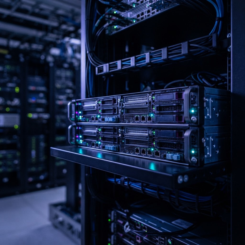 Close up of server hardware in a dark data center